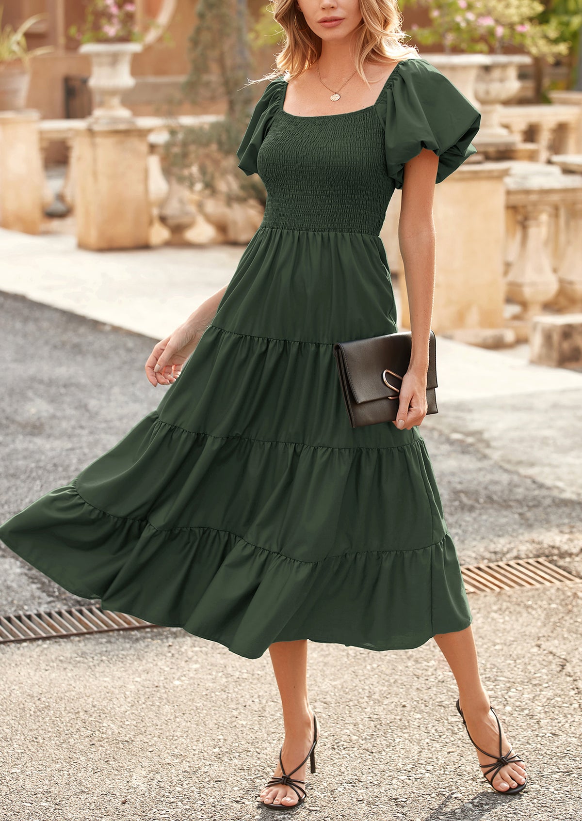 Casual Short Sleeved Square Neck Layered Pleated Dress