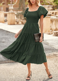 Casual Short Sleeved Square Neck Layered Pleated Dress