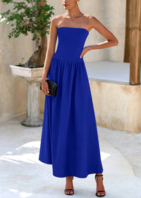 Strapless Patchwork Long Flowy Elegant Tube Top Maxi Dresses with Pockets