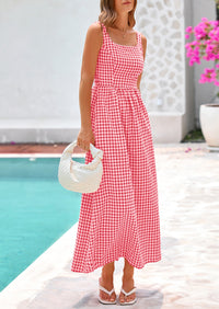 Spaghetti Strap  Plaid Square Neck A Line Smocked Casual Vacation Maxi Dresses