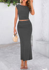 PRETTYGARDEN 2 Piece Sets Going Out Casual Cap Sleeve Crop Tops Ruched Maxi Long Skirts Outfits