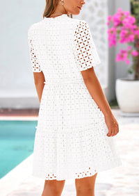 Short Sleeve V Neck Hollow Out Eyelet Ruffle A Line Swing Mini Dress