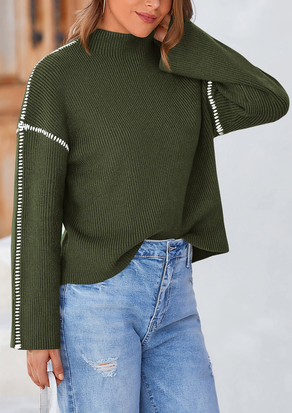 Chunky Knit  Casual Long Sleeve Mock Neck Oversized Loose Sweaters