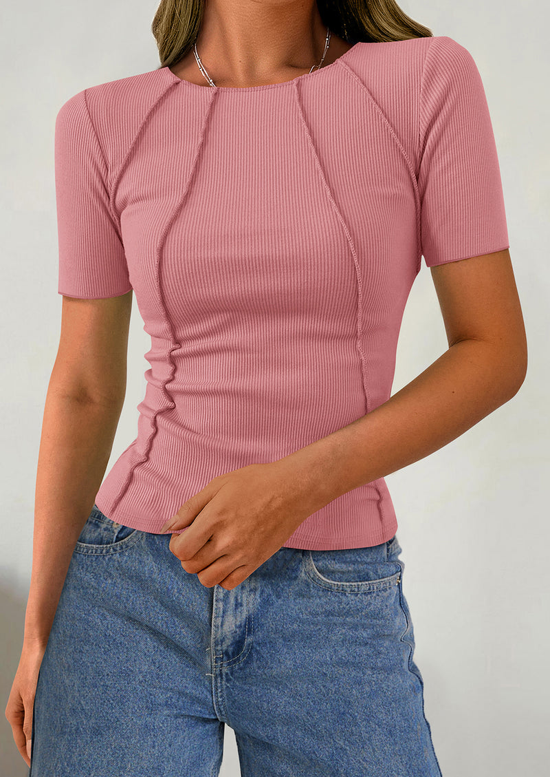 KIRUNDO Ribbed Short Sleeve Tops for Women Summer Casual Crew Neck Cute Crop Basic Tees Slim Fit Exposed Seams T Shirts