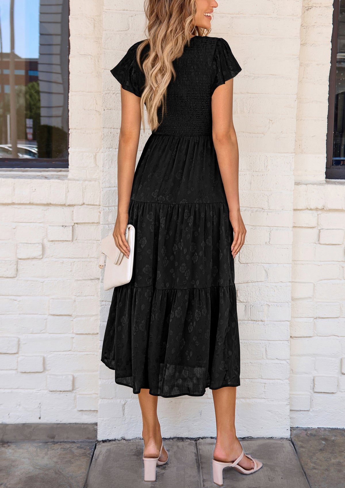 Floral  Summer Cap Sleeve Smocked Ruffle A Line Long Flowy Wedding Guest Midi Dresses