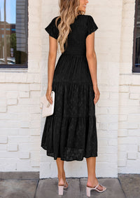 Floral  Summer Cap Sleeve Smocked Ruffle A Line Long Flowy Wedding Guest Midi Dresses