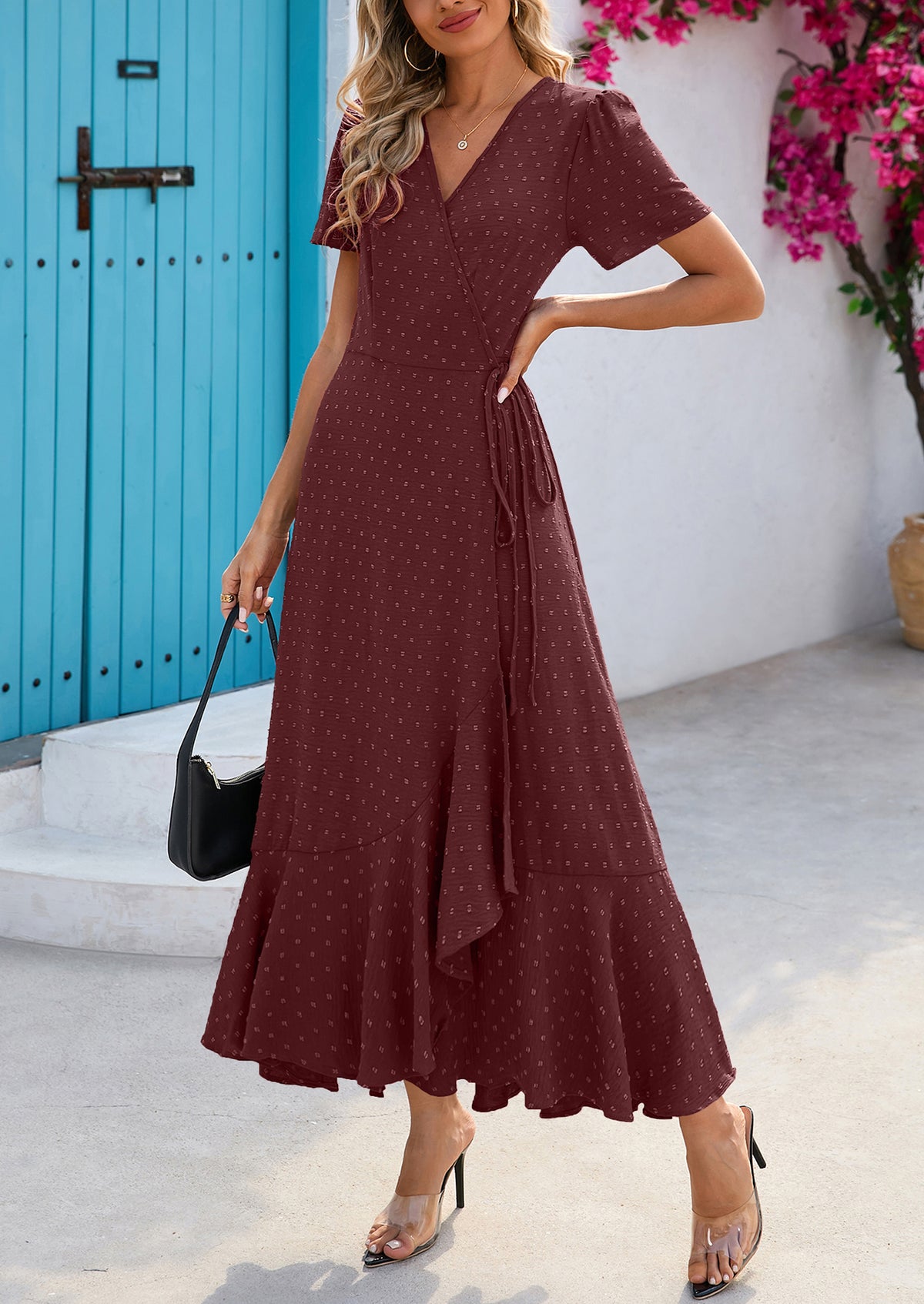 Leisure Bohemian Flower V-Neck Short Sleeved Ruffled Beach Long Skirt
