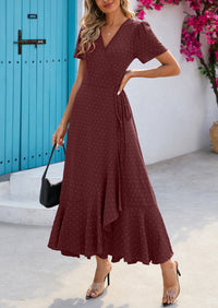 Leisure Bohemian Flower V-Neck Short Sleeved Ruffled Beach Long Skirt