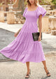 Casual Short Sleeved Square Neck Layered Pleated Dress