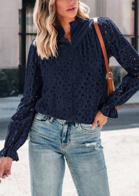 Puff Long Sleeve Button V Neck Hollow Out Lace Embroidered Casual Pullover Blouses