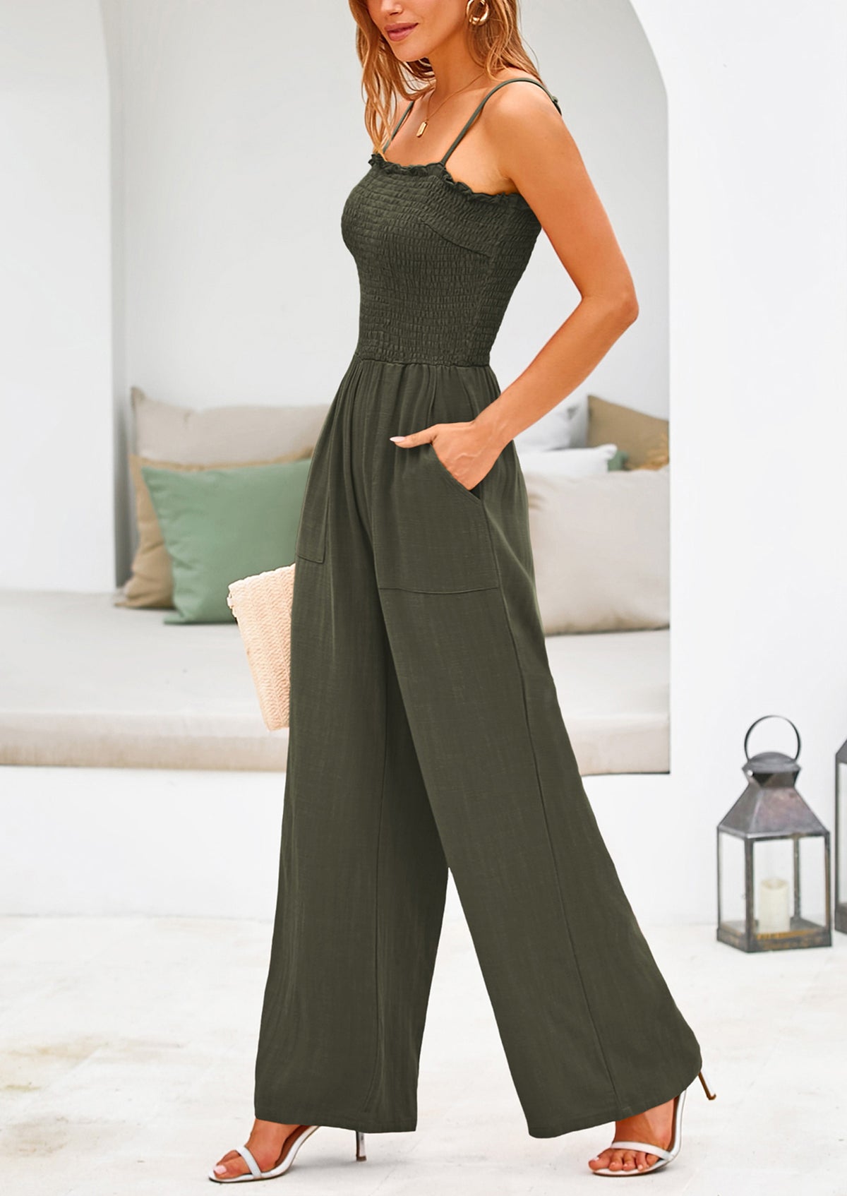 Linen Smocked Spaghetti Strap Pockets Wide Leg Jumpsuits