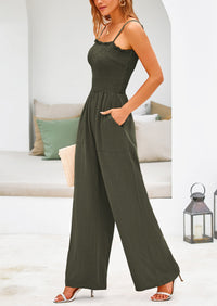 Linen Smocked Spaghetti Strap Pockets Wide Leg Jumpsuits