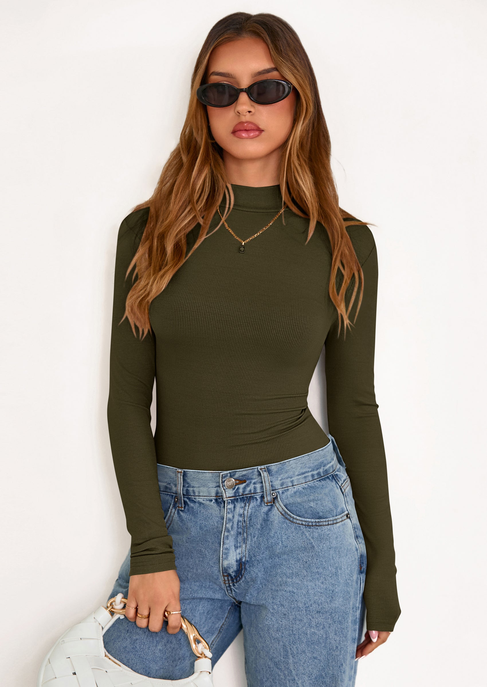 PRETTYGARDEN Women's Turtleneck Long Sleeve Shirts Fall Basic Tees Ribbed Fitted Tops Thermal Layering Knit Top Clothes