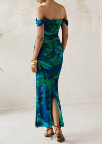 Ruched Bodycon Off Shoulder Floral Mesh Cocktail Party Fitted Maxi Dress