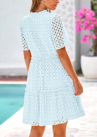 Short Sleeve V Neck Hollow Out Eyelet Ruffle A Line Swing Mini Dress