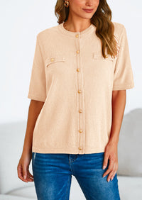 Button Down Casual Short Sleeve Crew Neck Ribbed Knit Shirts