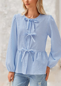 Babydoll Peplum Puff Long Sleeve Bow Tie Front Cute Y2K Blouses