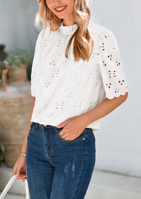 Short Sleeve Eyelet Embroidered Dressy Casual Blouse