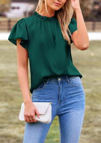 Satin Dressy Casual Ruffle Short Sleeve Crew Neck Work Party Blouses