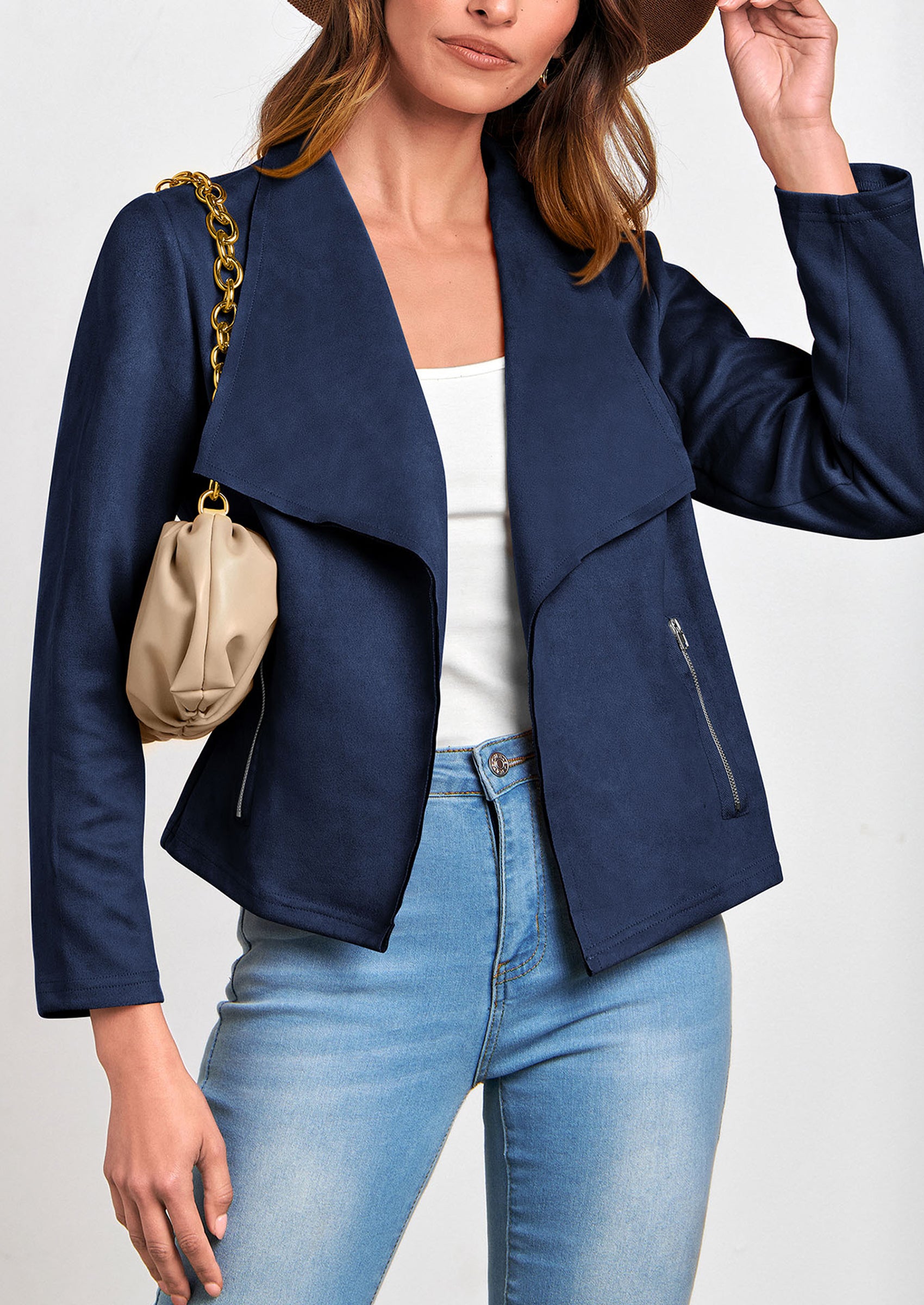 PRETTYGARDEN Women's Faux Suede Jackets Fashion Fall Clothes Long Sleeve Open Front Cropped Coat Outwear