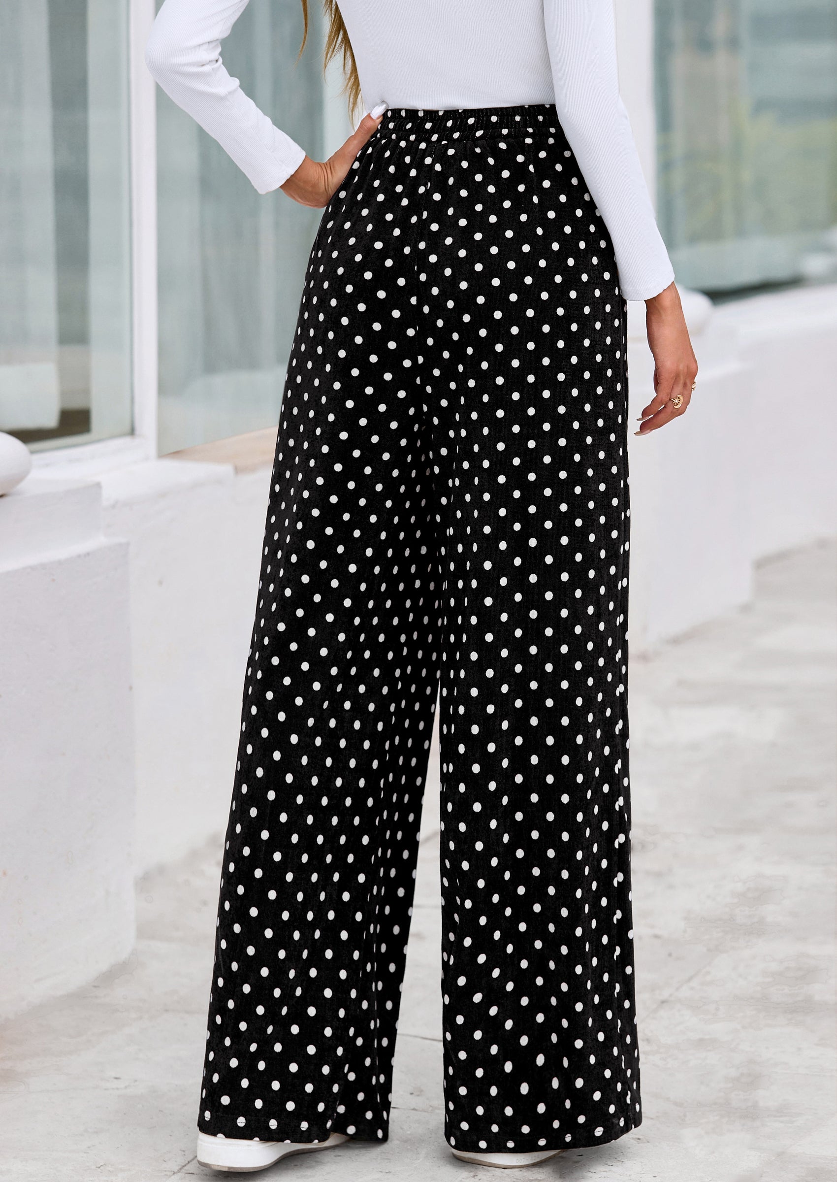 PRETTYGARDEN Casual Women's Pants Elastic Waist Palazzo Long Stretchy Wide Leg Trousers Knit Fall Outfits with Pockets