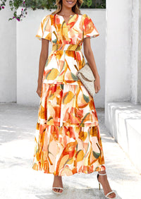 Boho Floral Short Sleeve V Neck A Line Tiered Ruffle Flowy Long Beach Vacation Maxi Dresses