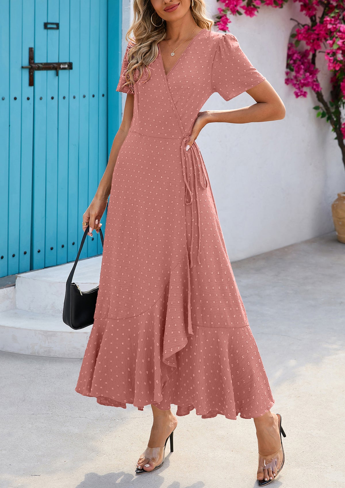 Leisure Bohemian Flower V-Neck Short Sleeved Ruffled Beach Long Skirt