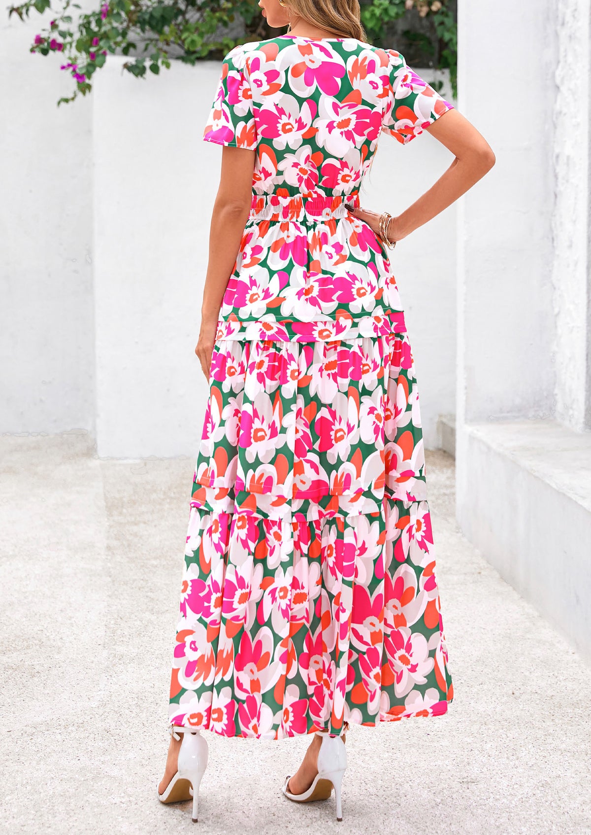 Boho Floral Short Sleeve V Neck A Line Tiered Ruffle Flowy Long Beach Vacation Maxi Dresses