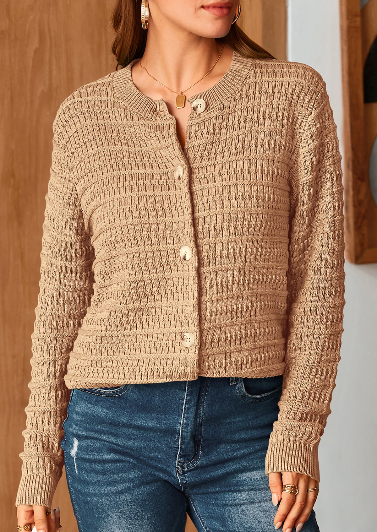Knit Cardigan Long Sleeve Open Front Button Down Jacket