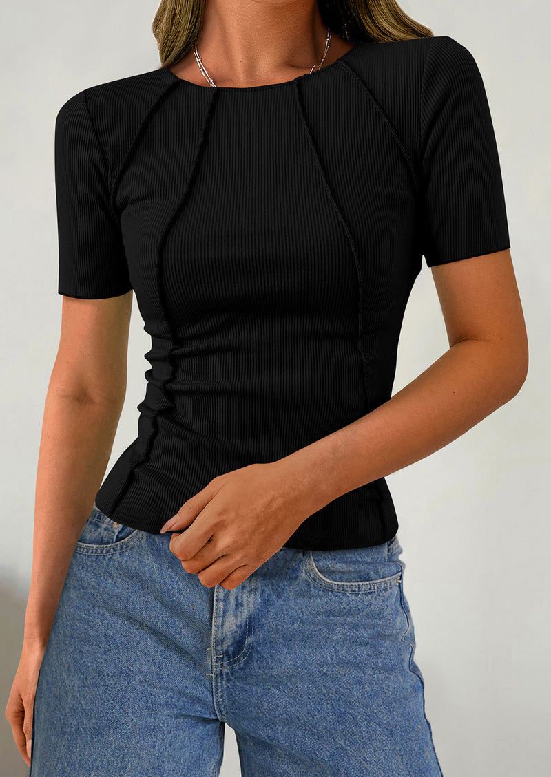 KIRUNDO Ribbed Short Sleeve Tops for Women Summer Casual Crew Neck Cute Crop Basic Tees Slim Fit Exposed Seams T Shirts