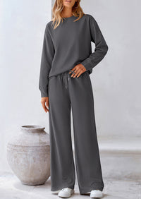 Casual Long Sleeve Pullover Tops and Wide Leg Pants Knitted Two Piece Sets