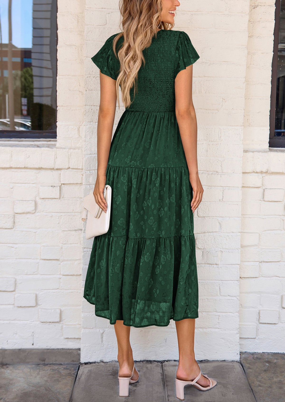 Floral  Summer Cap Sleeve Smocked Ruffle A Line Long Flowy Wedding Guest Midi Dresses