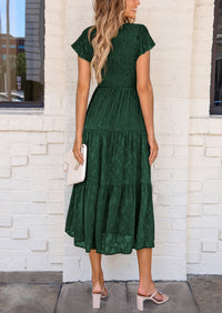 Floral  Summer Cap Sleeve Smocked Ruffle A Line Long Flowy Wedding Guest Midi Dresses