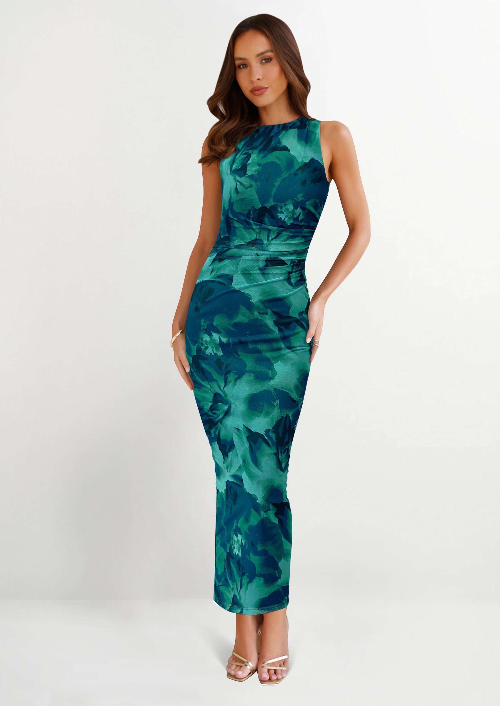 PRETTYGARDEN Wedding Guest Dresses for Women Spring Floral Bodycon Sleeveless Mesh Maxi Long Dress