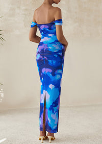 Ruched Bodycon Off Shoulder Floral Mesh Cocktail Party Fitted Maxi Dress
