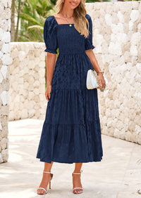 Casual Square Neck Short Sleeve Smocked A Line Floral Flowy Elegant Boho Midi Dresses