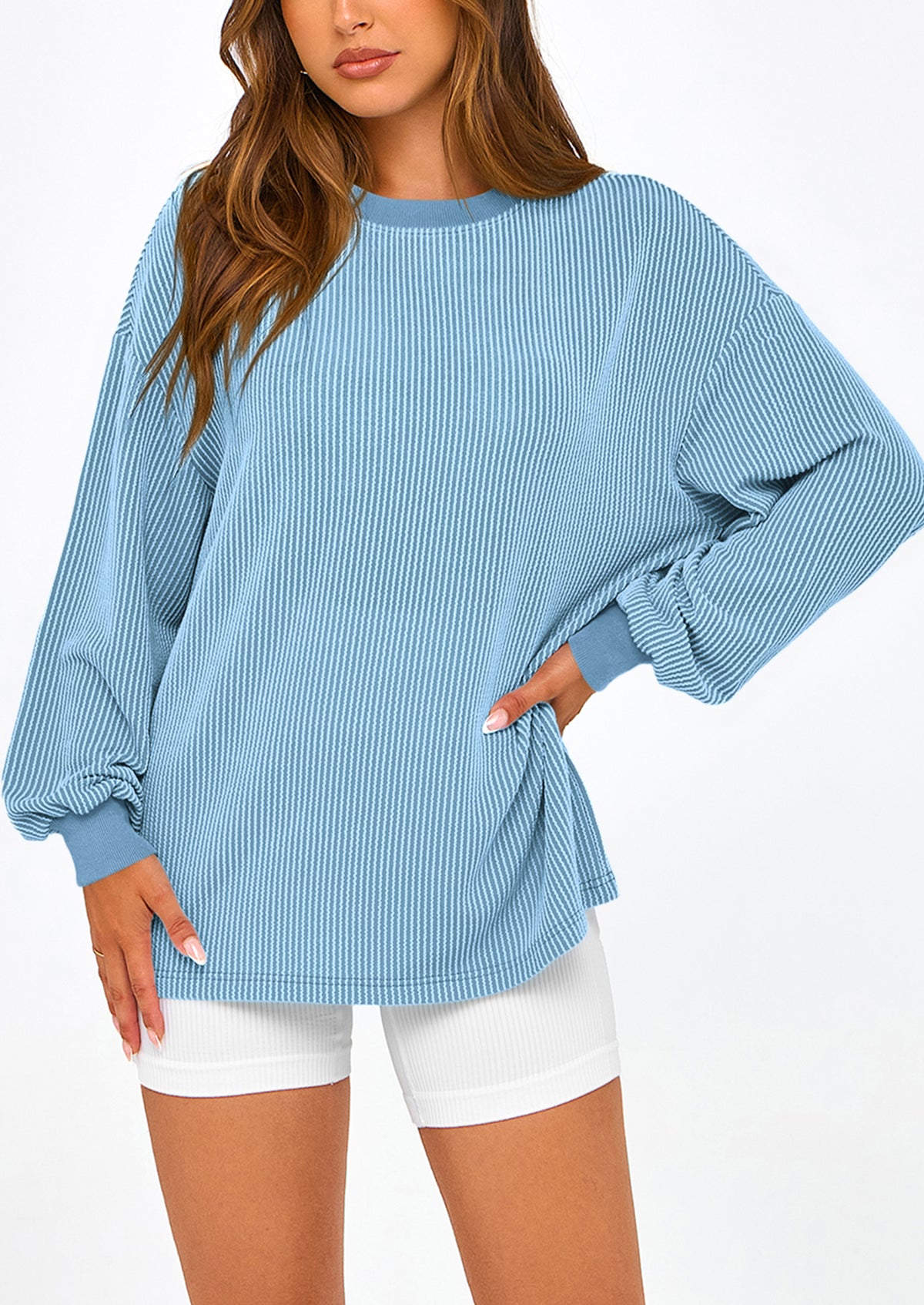 Long Sleeve Casual Loose Crew Neck Ribbed Blouse