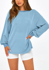 Long Sleeve Casual Loose Crew Neck Ribbed Blouse