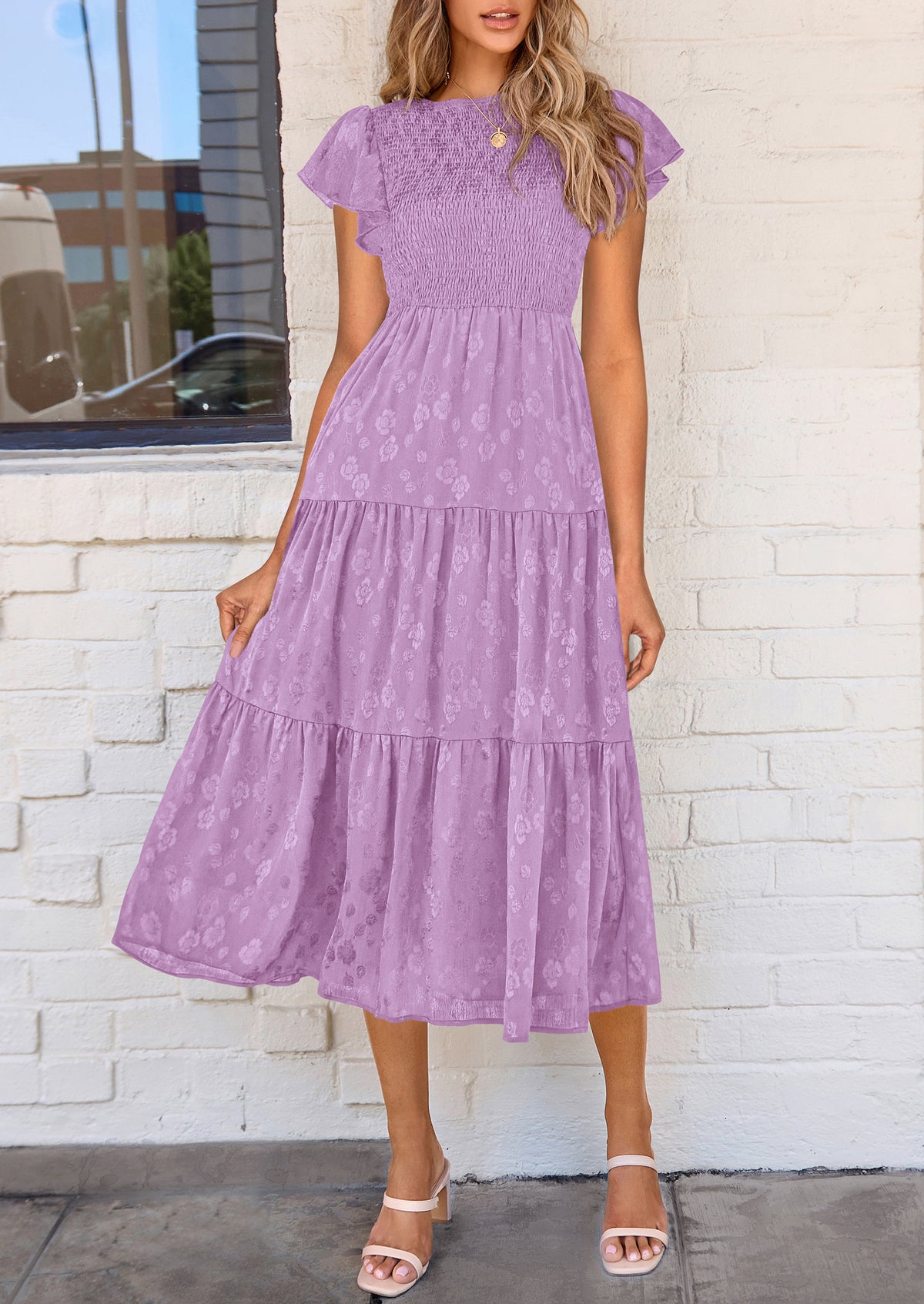 Floral  Summer Cap Sleeve Smocked Ruffle A Line Long Flowy Wedding Guest Midi Dresses