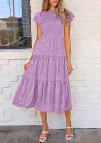 Floral  Summer Cap Sleeve Smocked Ruffle A Line Long Flowy Wedding Guest Midi Dresses