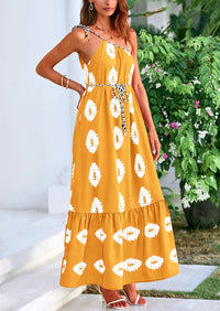 One Shoulder Spaghetti Strap Printed A Line Flowy Boho Maxi Long Sundress