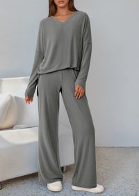 PRETTYGARDEN 2 Piece Lounge Sets for Women Fall Outfits Casual Loose Long Sleeve Tops Wide Leg Pants Matching Pajama Set
