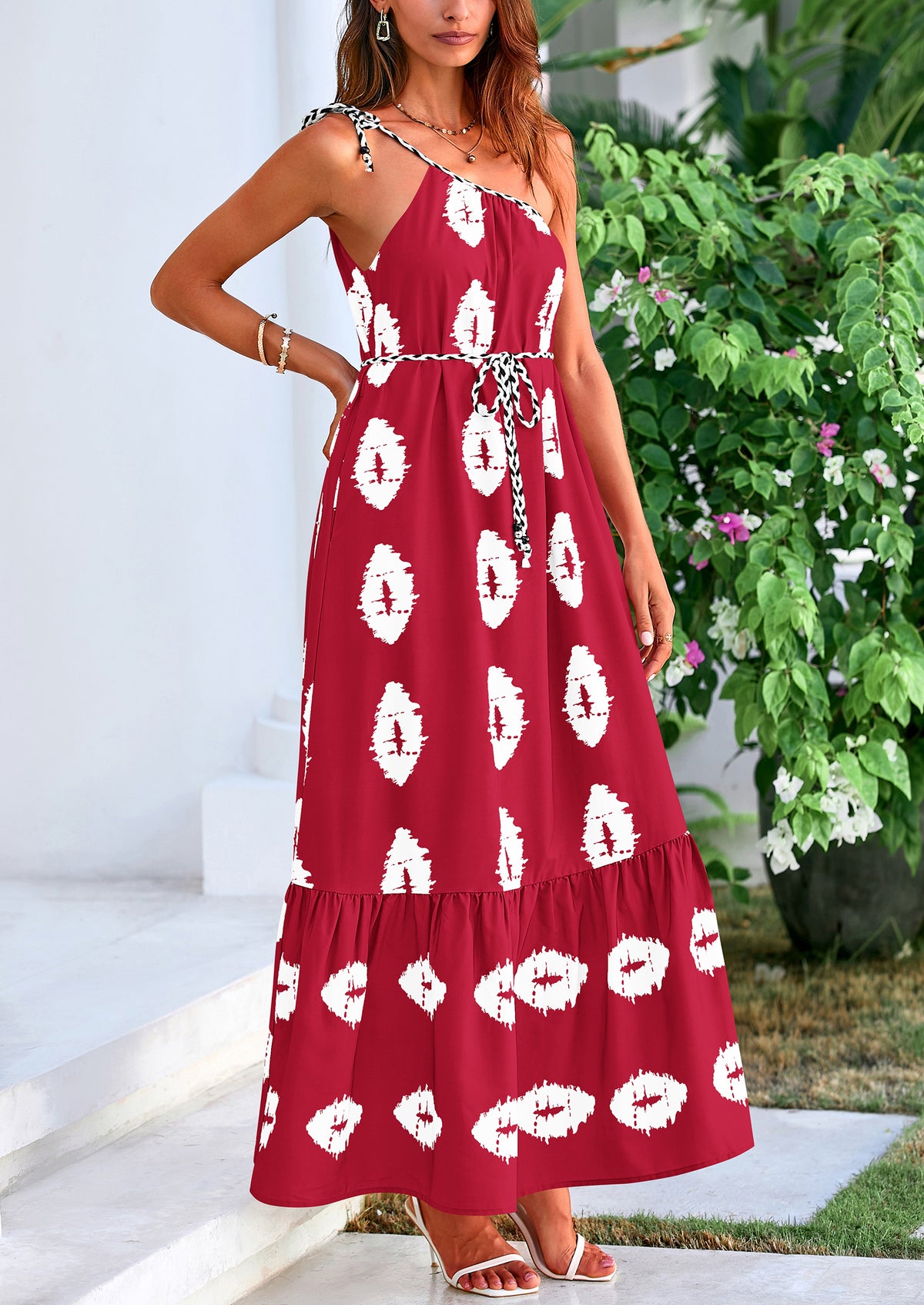 One Shoulder Spaghetti Strap Printed A Line Flowy Boho Maxi Long Sundress