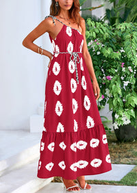 One Shoulder Spaghetti Strap Printed A Line Flowy Boho Maxi Long Sundress