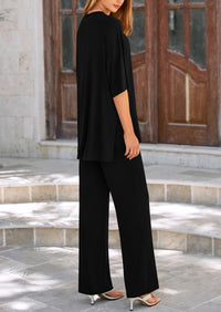 Casual Slit Short Sleeved Top, Loose Wide Leg Pants Two-Piece Set