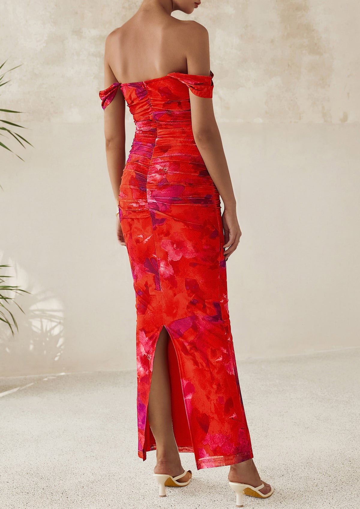 Ruched Bodycon Off Shoulder Floral Mesh Cocktail Party Fitted Maxi Dress