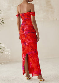 Ruched Bodycon Off Shoulder Floral Mesh Cocktail Party Fitted Maxi Dress