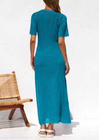 Eyelet Beach Vacation Resort Short Sleeve Hollow Out Dress Cover Up Maxi Dresses