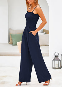 Linen Smocked Spaghetti Strap Pockets Wide Leg Jumpsuits