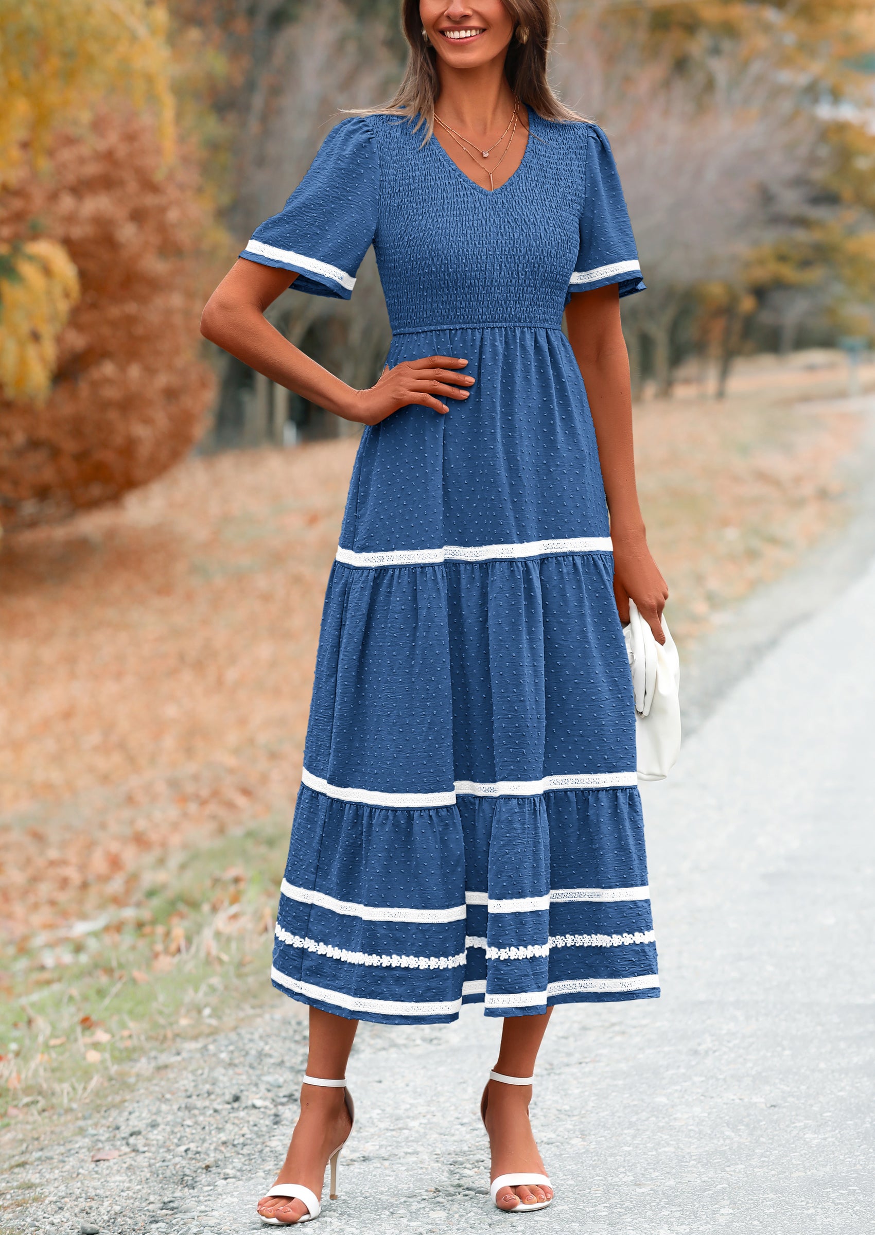 PRETTYGARDEN Women's Casual Summer Maxi Dress Short Sleeve Swiss Dot V Neck Smocked Long Flowy Beach Dresses